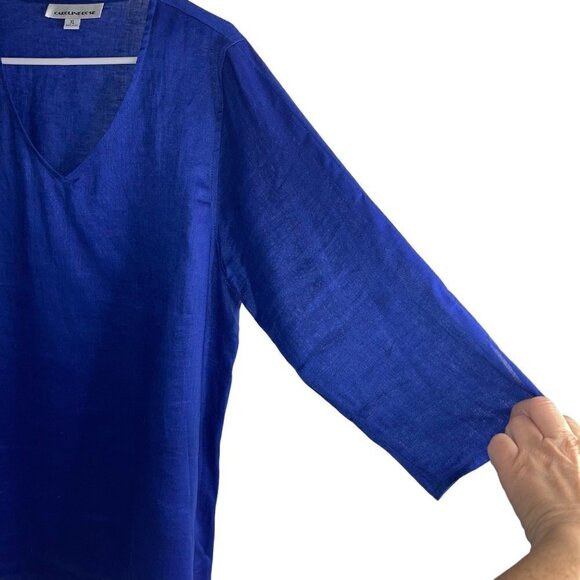 Caroline Rose Womens Tunic Size XL Blue Pure Linen Sharkbite Hem Made In USA - Picture 3 of 8